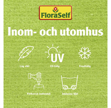 FloraSelf logotyp. Lämplig för inom- och utomhusbruk. Låg vikt. UV-beständig. Frosttålig. Förborrat bottenhål. Inklusive hjul.