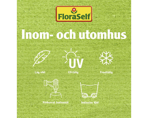 FloraSelf logotyp. Lämplig för inom- och utomhusbruk. Låg vikt. UV-beständig. Frosttålig. Förborrat bottenhål. Inklusive hjul.