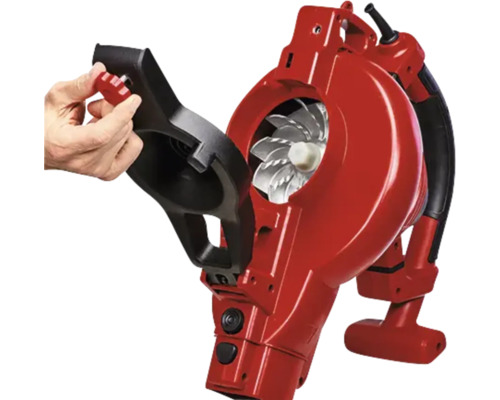 Röd lövsug med öppet hölje för att se fläkten.