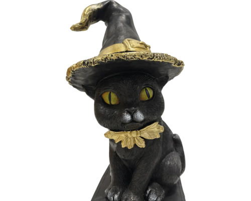 Dekorativ svart kattfigur med häxhatt och halsband som halloween dekoration