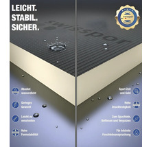 Swisspor logotyp. Illustration av en isoleringsskiva med egenskaper som vattentäthet, låg vikt, enkel bearbetning, hög formstabilitet och tryckhållfasthet.