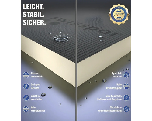 Swisspor logotyp. Illustration av en isoleringsskiva med egenskaper som vattentäthet, låg vikt, enkel bearbetning, hög formstabilitet och tryckhållfasthet.