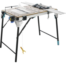 Wolfcraft Master Cut multifunktionellt arbetsbord med styrskena, fällbart stativ och integrerad maskinbrytare.
