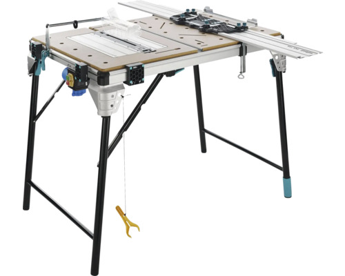 Wolfcraft Master Cut multifunktionellt arbetsbord med styrskena, fällbart stativ och integrerad maskinbrytare.