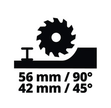 Skärdjup 56 millimeter vid 90 grader och 42 millimeter vid 45 grader