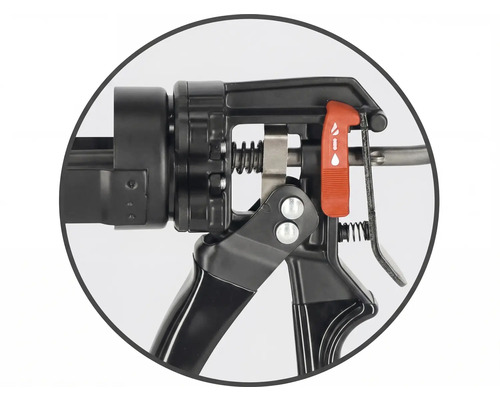 Detaljvy av en fogpistol med justerbar droppstoppfunktion.