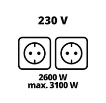 Symbol för 230 volt spänning, 2600 watt effekt och maximalt 3100 watt effekt