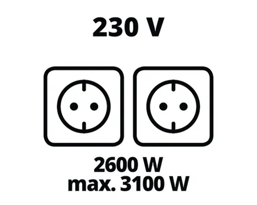 Symbol för 230 volt spänning, 2600 watt effekt och maximalt 3100 watt effekt