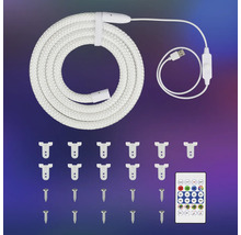LED ljusslangskit med USB anslutning, fjärrkontroll, fästklämmor och skruvar.