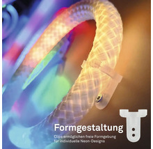 Flexibel LED-neonlist i böjd form, fäst med monteringsklämmor för individuella designer.