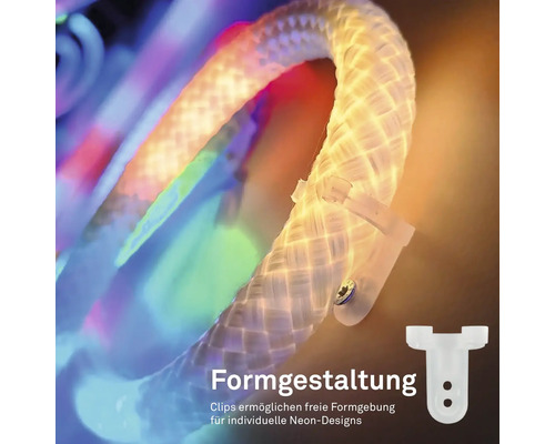 Flexibel LED-neonlist i böjd form, fäst med monteringsklämmor för individuella designer.