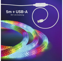 Fem meter lång LED-ljusslinga med USB-A-anslutning, en komma fem meter anslutningskabel, med strömbrytare och färgad belysning.