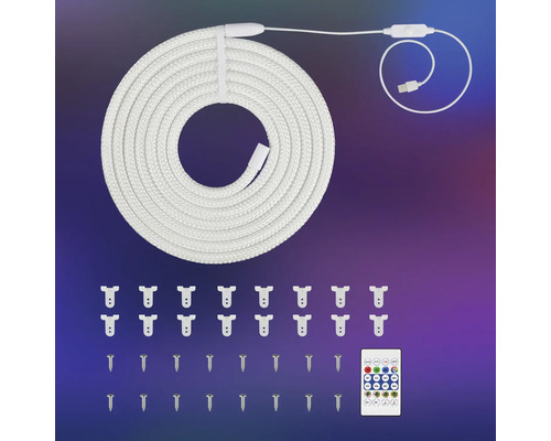 LED-ljusslangskit med vitt rep, USB-kabel, fjärrkontroll, monteringsklämmor och skruvar.