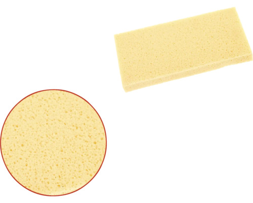 Två gula svampar, en rektangulär och en rund, för rengöring