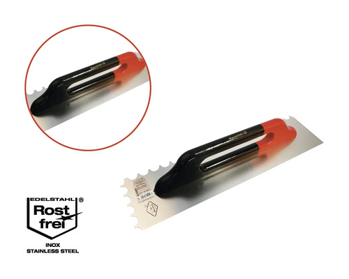 Tandad spackel av rostfritt stål med plasthandtag och rostfri märkning
