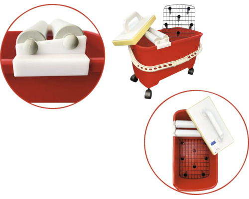 Hink med rullar och avstrykningsgaller för rengöring av kakelverktyg