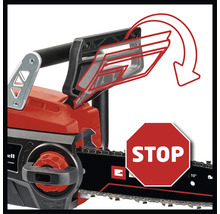 Einhell motorsåg med handskydd för aktivering av kedjebroms för omedelbart kedjestopp.