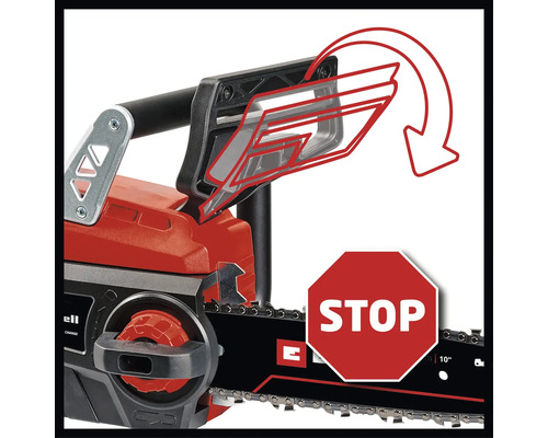 Einhell motorsåg med handskydd för aktivering av kedjebroms för omedelbart kedjestopp.