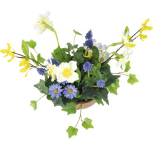 Dekorativ konstgjord blomsterarrangemang med olika konstgjorda blommor och gröna blad i en kruka