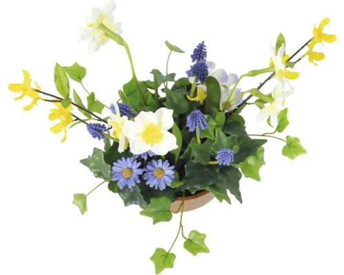 Dekorativ konstgjord blomsterarrangemang med olika konstgjorda blommor och gröna blad i en kruka