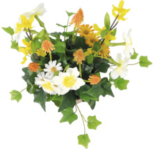 Dekorativa konstgjorda blommor i kruka med vita, gula och orange blommor