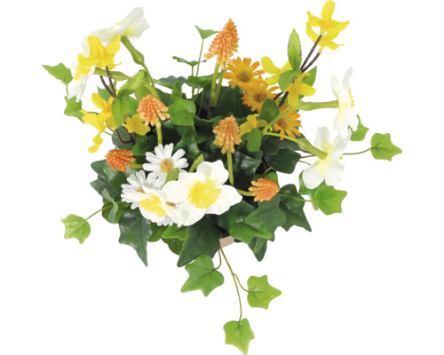 Dekorativa konstgjorda blommor i kruka med vita, gula och orange blommor