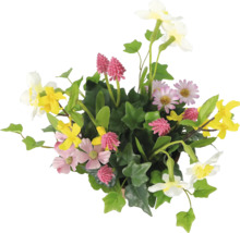 Blomsterarrangemang med olika blommor och gröna blad