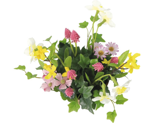 Blomsterarrangemang med olika blommor och gröna blad