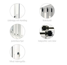 Detaljer om en produkt med låsknopp och handtag, stöt skydd, justerbara hjul, tätningsprofiler och valfritt hakregellås