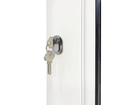 Närbild av en silverfärgad låscylinder med två nycklar i en vit fönsterkarm.