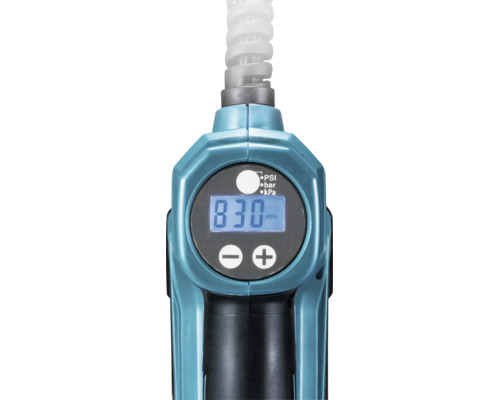 Digital display på en batteridriven luftpump som visar 830 Kilopascal, med plus- och minusknappar.