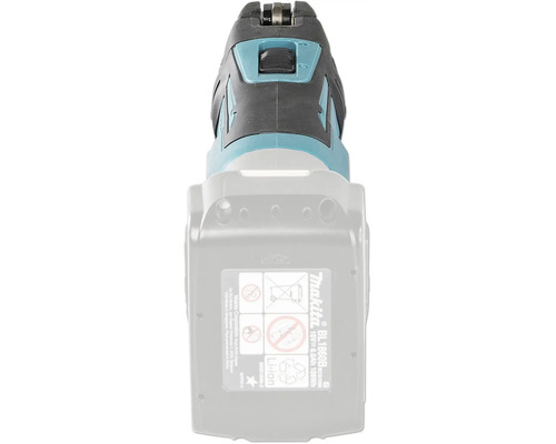 Detaljvy av ett Makita batterigränssnitt med ett 18 Volt litiumjonbatteri och ett skjutreglage.