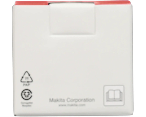 Makita Corporation Logo, symboler för pappersåtervinning och instruktion om att läsa bruksanvisningen på en förpackning.