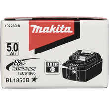 Förpackning för ett Makita 18 Volt 5,0 Amperetimmar litiumjonbatteri modell BL1850B med laddningsindikator och Makita Logo.