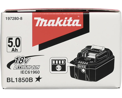 Förpackning för ett Makita 18 Volt 5,0 Amperetimmar litiumjonbatteri modell BL1850B med laddningsindikator och Makita Logo.