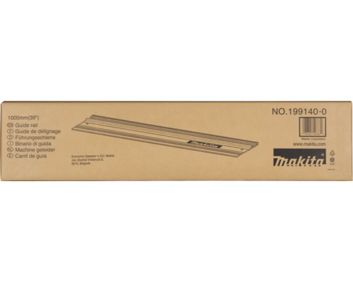 Kartongförpackning för Makita styrskena 1000 millimeter, modell 199140-0, med produktbild och Makita Logo.