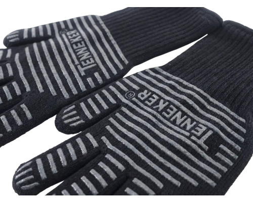 Par svarta arbetshandskar med halkfria ränder och tillverkarens logotyp