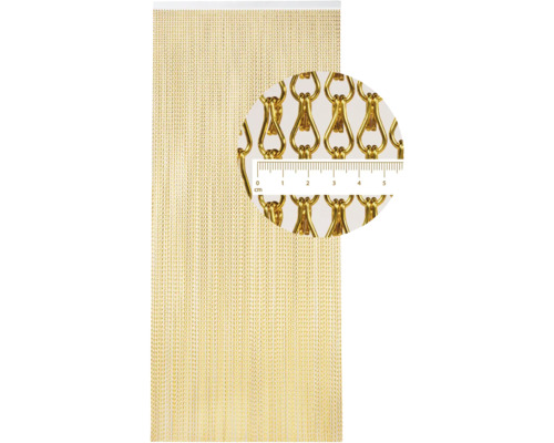 Guldfärgad kedjegardin med detaljbild av kedjelänkarna och centimeterangivelse