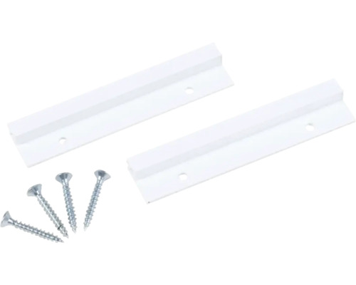 Två vita styrskenor med fyra skruvar