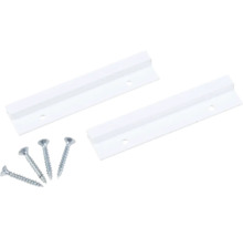 Två vita hängmappskenor med fyra skruvar