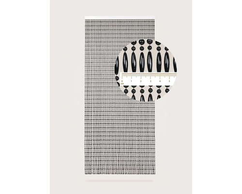 Pärlgardin med detaljvy och mätskala i centimeter