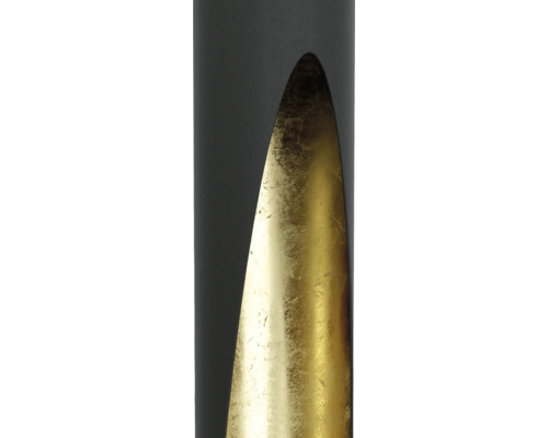 Detaljbild av en svart lampa med guldfärgad insida