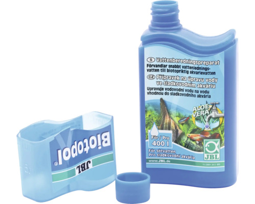 JBL Biotopol vattenberedningspreparat för sötvattensakvarier, blå flaska med doseringsmått.