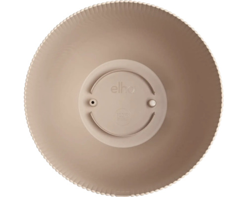Vy uppifrån av en rund planteringsskål med räfflad kant, elho Logo och dräneringshål i botten.