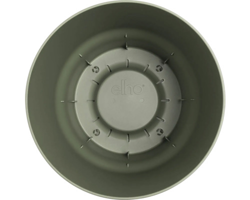 Invändig vy av en rund blomkruka i plast med dräneringsslitsar och elho Logo i botten.