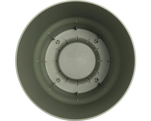 Vy ovanifrån av insidan på en rund, grön Elho blomkruka i plast.