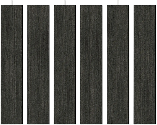 Sex vertikala staketribbor av mörkt texturerat material.