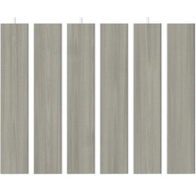 Sex vertikala paneler i trälook med fin ådring.