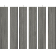 Sex vertikala staketbrädor i grå träimitation med fin textur.