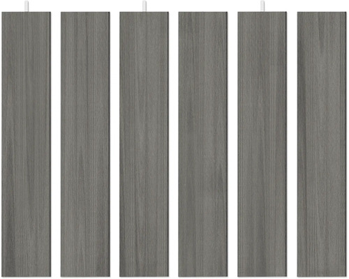 Sex vertikala staketbrädor i grå träimitation med fin textur.
